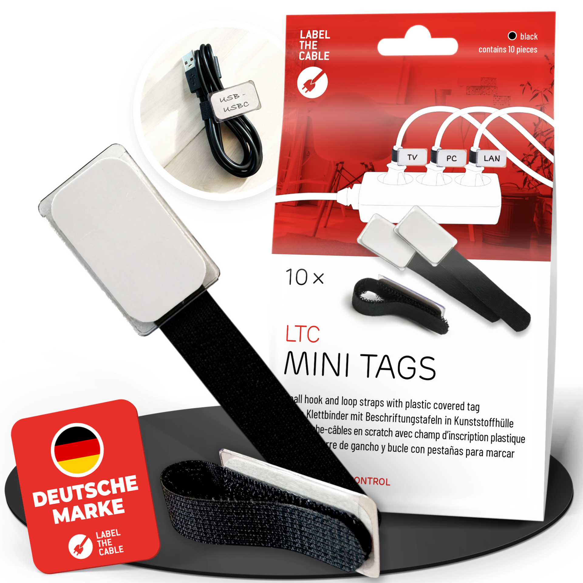 LTC MINI TAGS small hook and loop straps with tags set of 10 pcs black