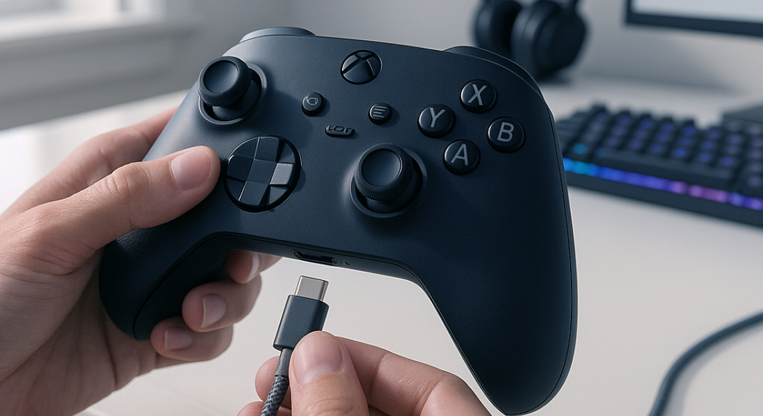 USB-C-kabel forbindes til gaming-controller - ideelt til spil uden forsinkelser og hurtig opladning på pc eller konsol