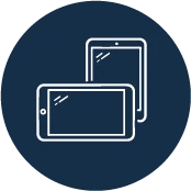 White line drawing of two tablets of different sizes on a dark blue, circular background.