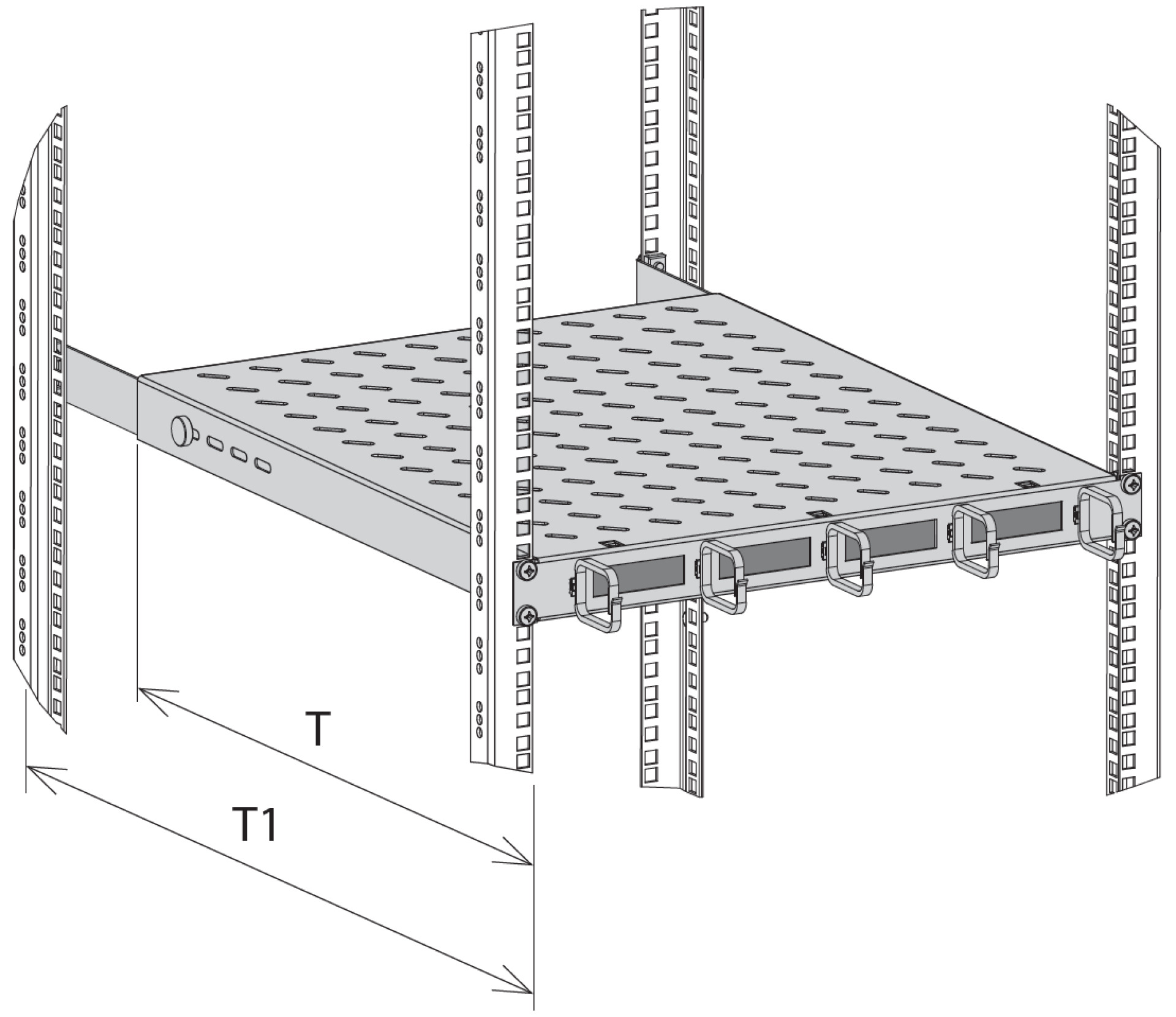 19" 1U Shelf Fixed, with Cable Routing, MD 750..850 mm, 120 kg, CD 1000 RAL7035