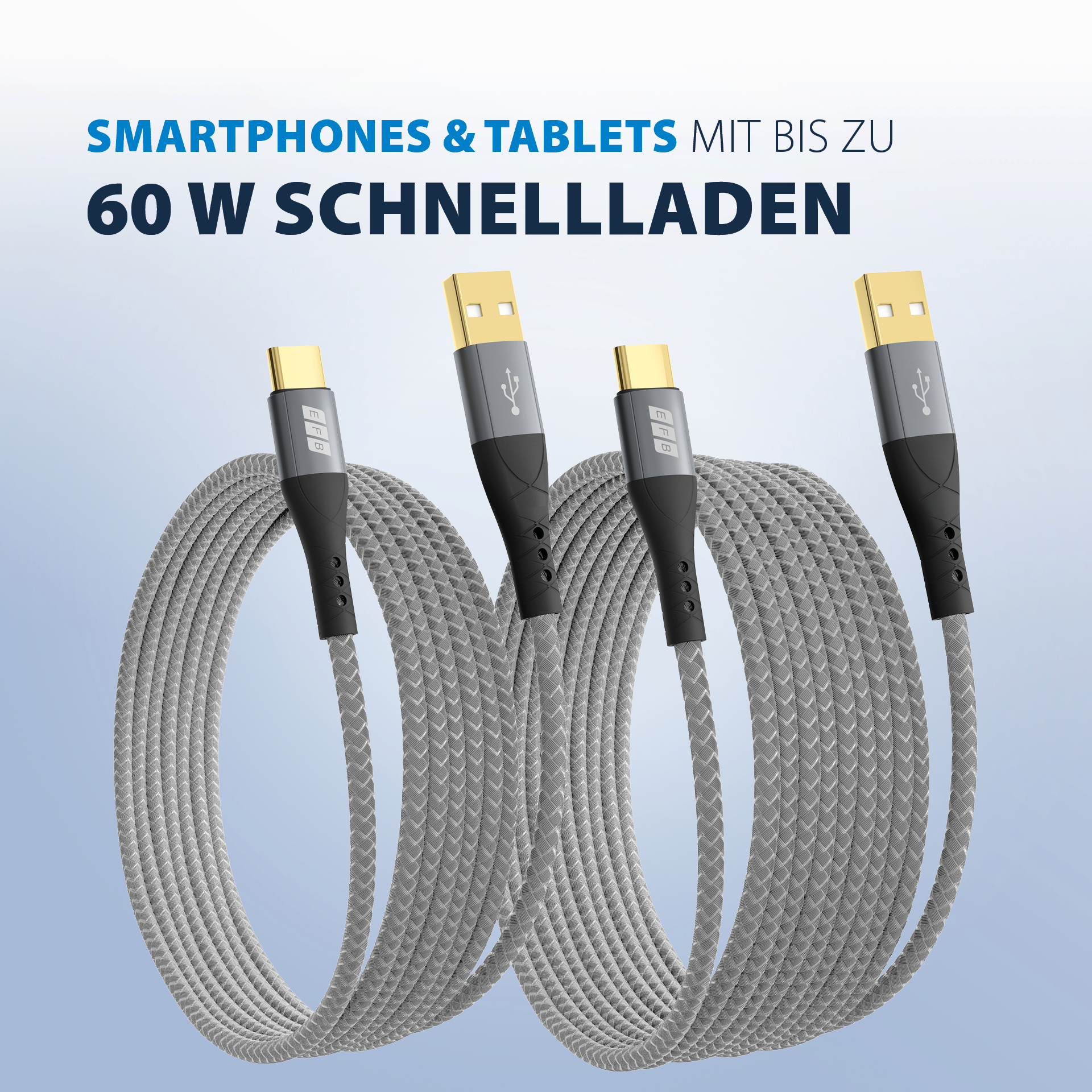 USB-A to USB-C cable set 60W QC 3A 2x3m grey gold contacts textile coat