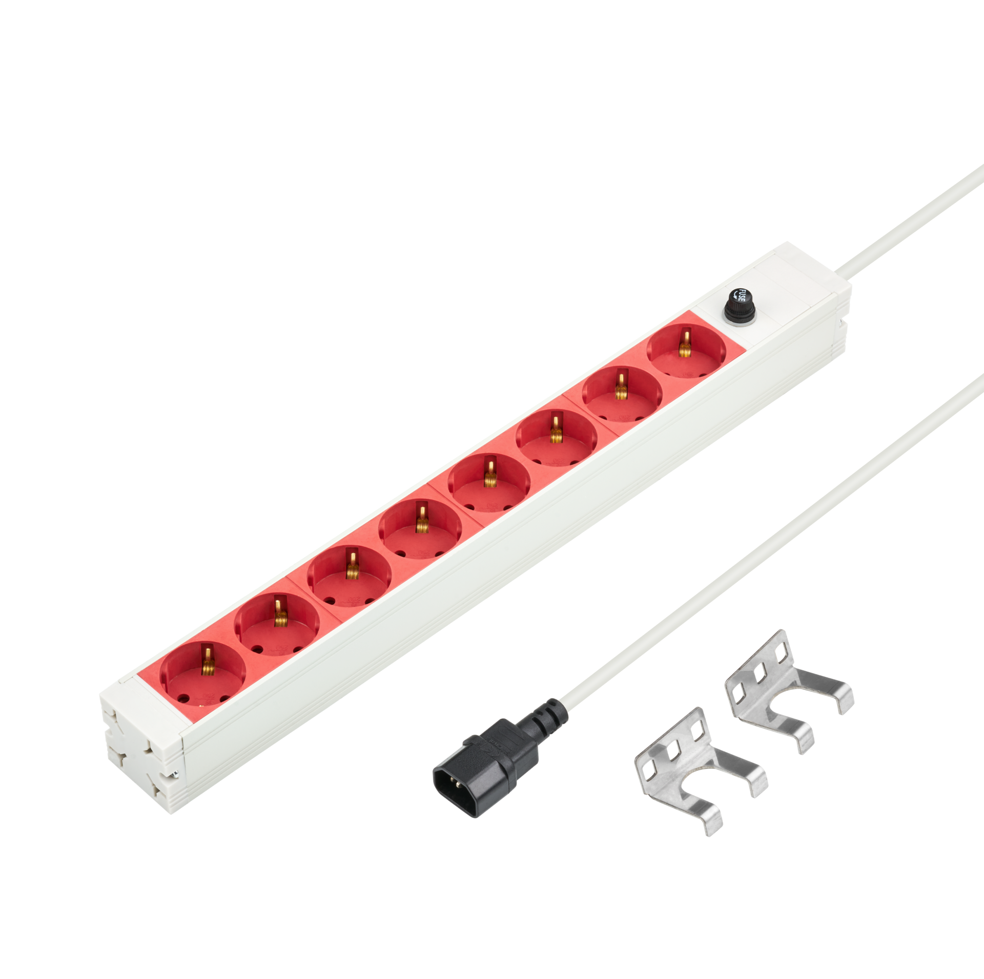 19“ 1U Socket Strip 8 x CEE 7/3 red, cable C14, 10A fine fuse, grey