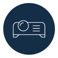 Projektor-symbol som ikon for præsentationsteknologi og projektion - minimalistisk design på mørkeblå baggrund