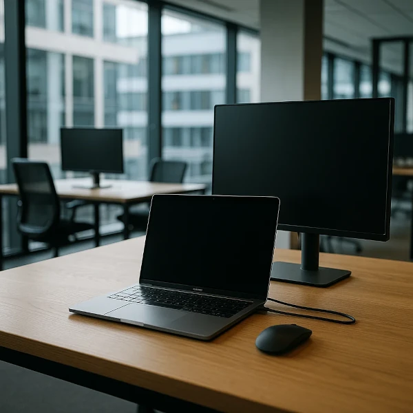 Bærbar computer med ekstern skærm og mus på et moderne kontor – effektivt arbejde med dual-display-løsning