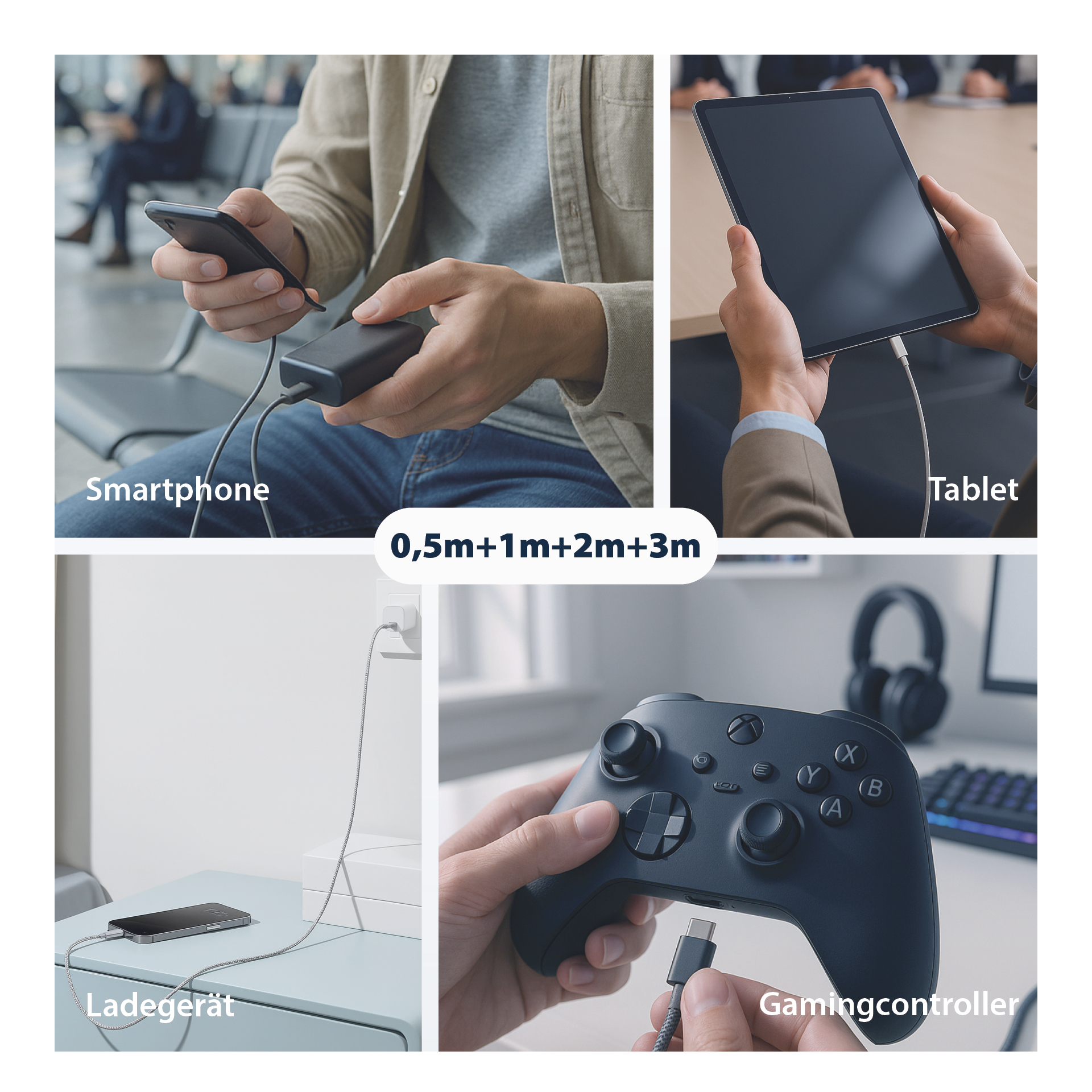 USB-A to USB-C cable set 60W QC 3A 0.5m+1m+2m+3m grey gold contacts textile coat