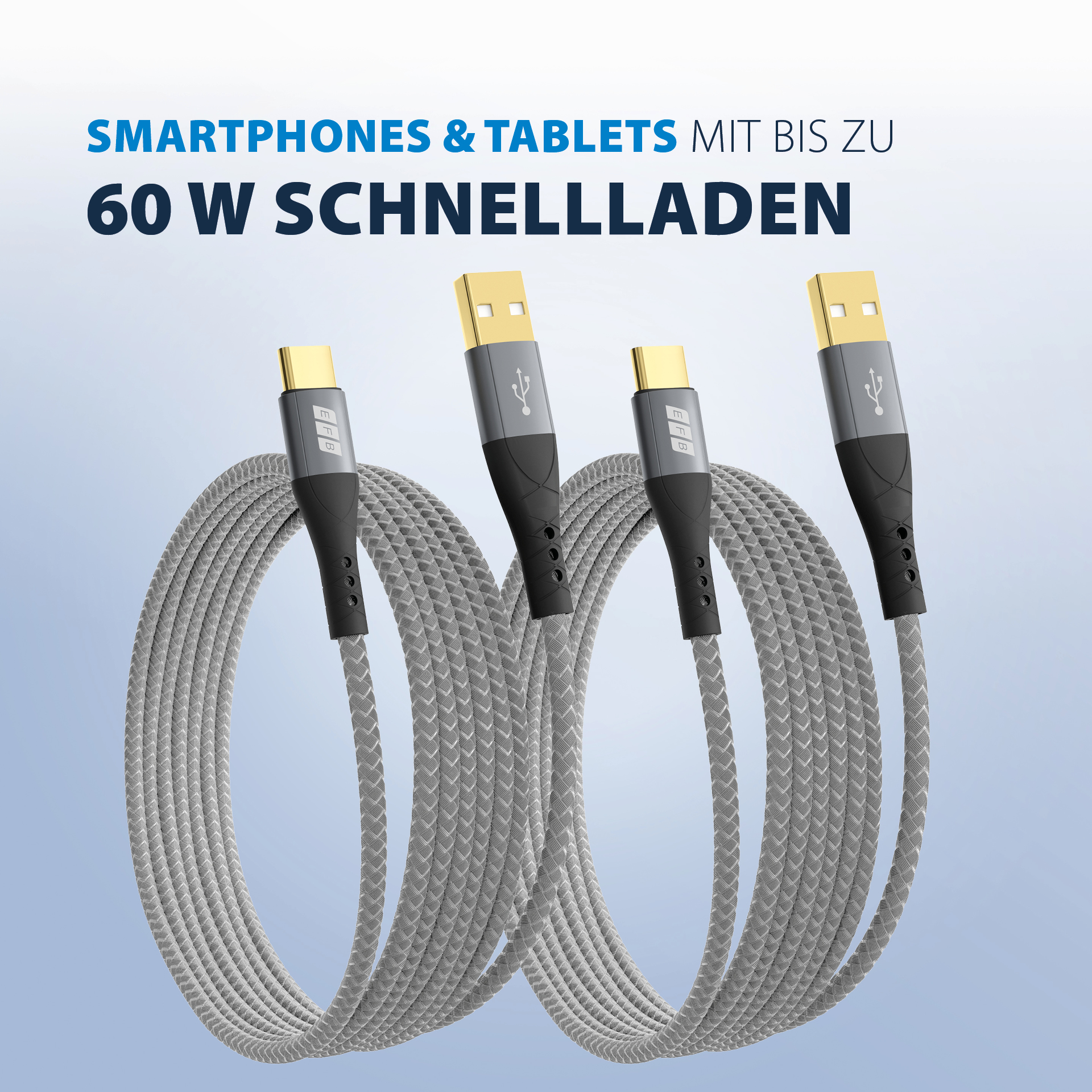 USB-A to USB-C cable set 60W QC 3A 2x2m grey gold contacts textile coat
