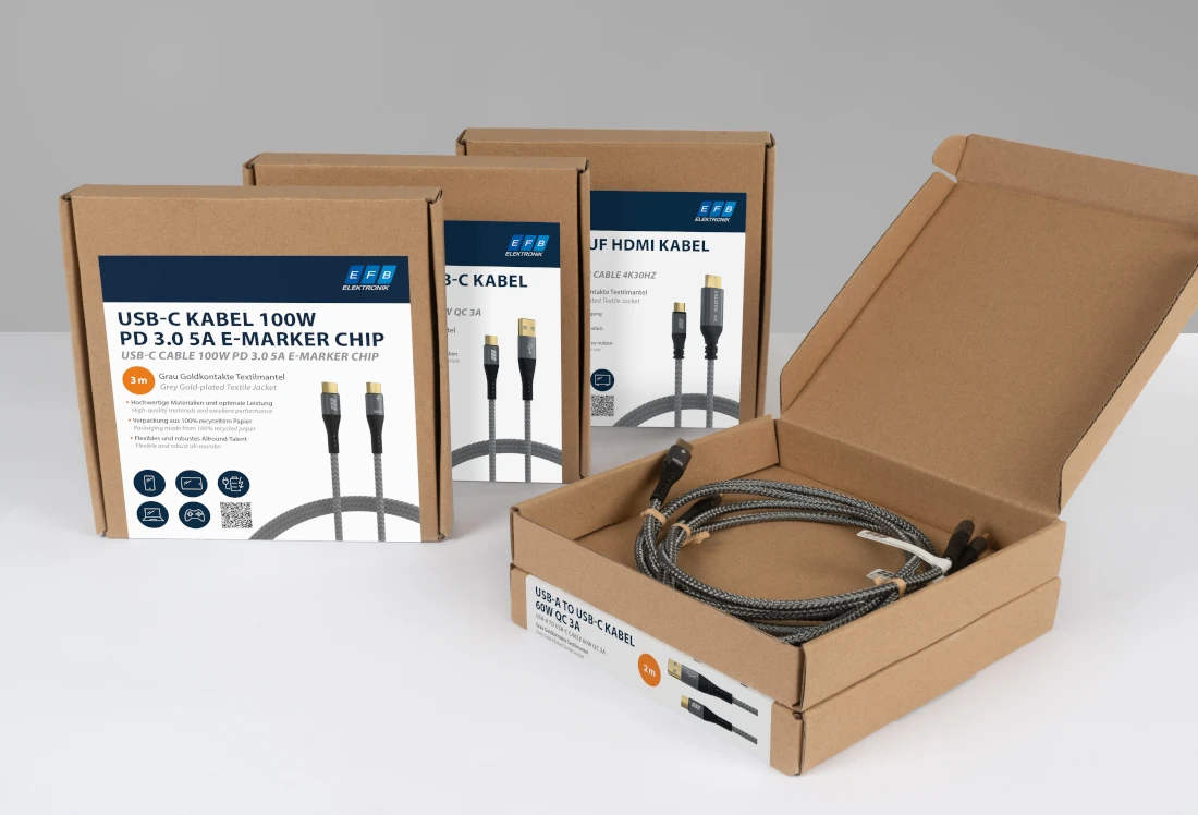 USB-C- og HDMI-kabler i bæredygtig emballage fra EFB-Elektronik med tekstilbelagte kabler