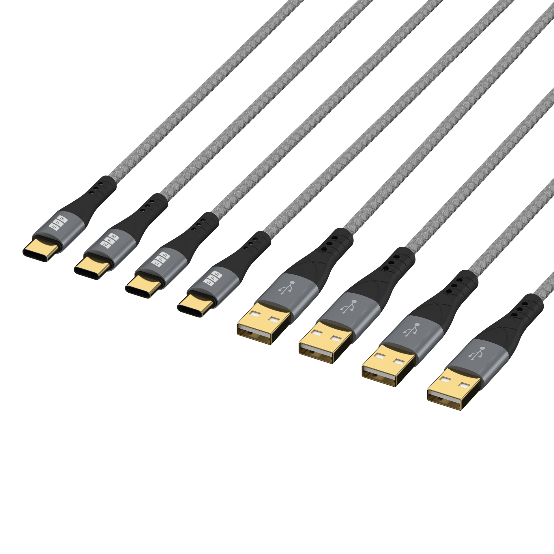 USB-A to USB-C cable set 60W QC 3A 0.5m+1m+2m+3m grey gold contacts textile coat