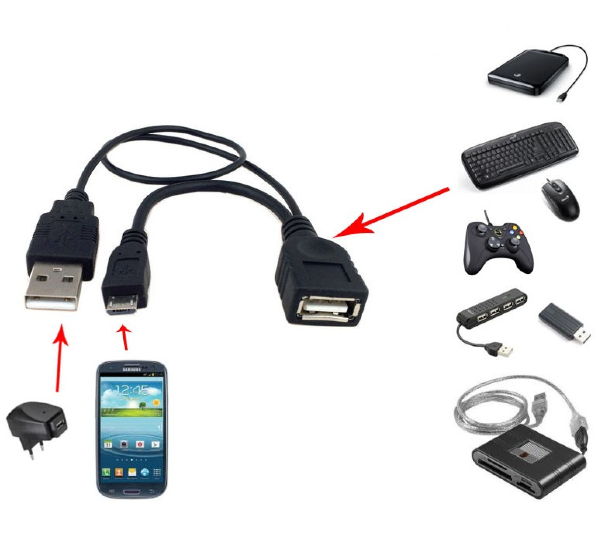 USB 2.0 Cable OTG A F Micro USB M with USB 30cm Black