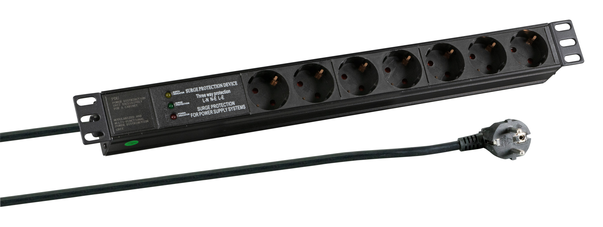 19“ 1U Socket Strip 7 x CEE 7/3 with Surge Protection, in Alu Profile, Black