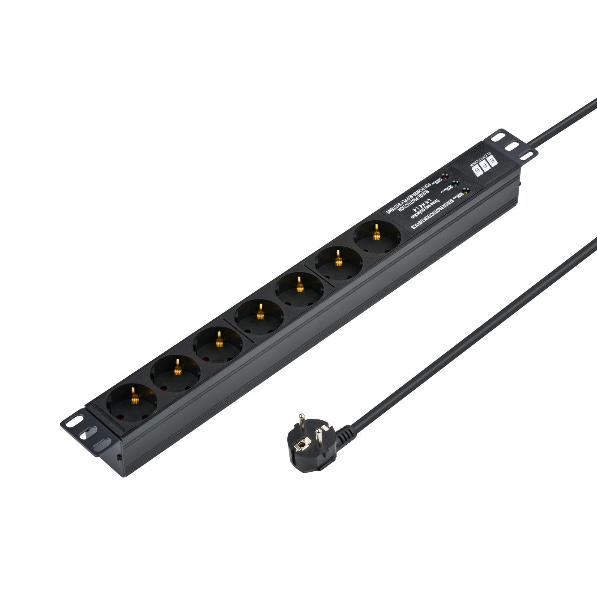 19“ 1U Socket Strip 7 x CEE 7/3 with Surge Protection, in Alu Profile, Black