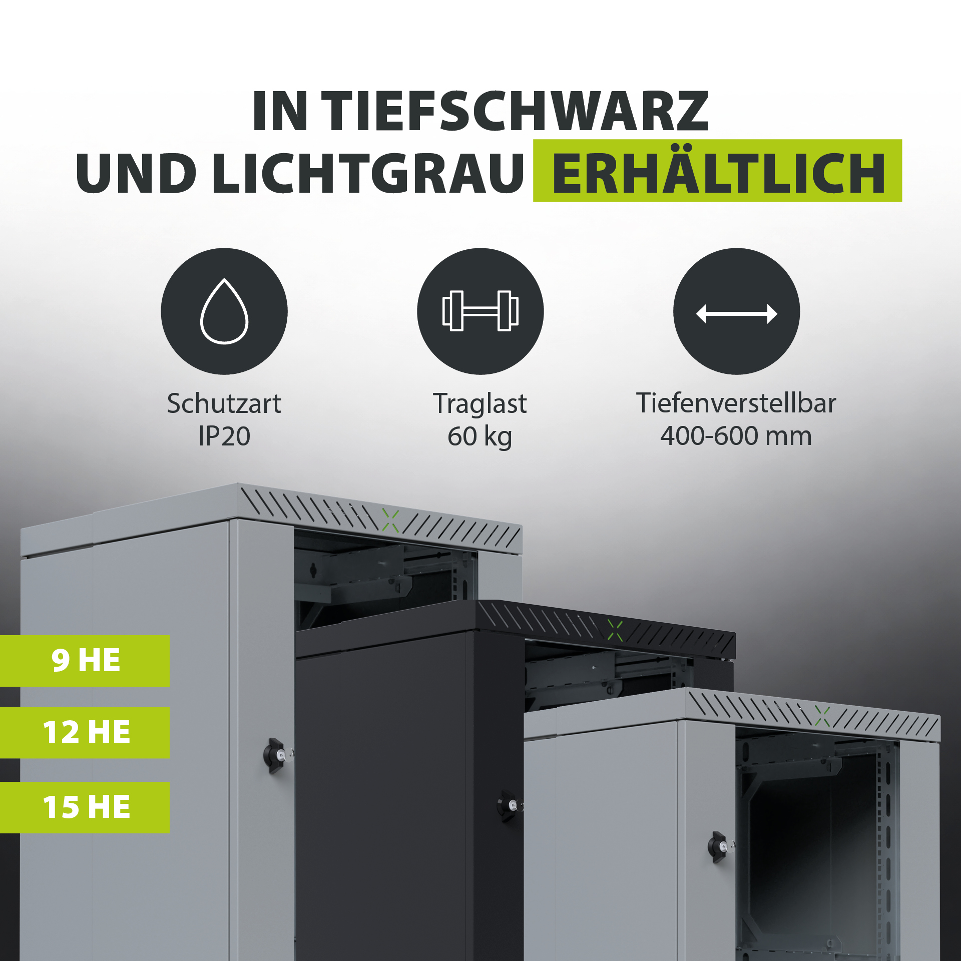 Wall Cabinet X-Rack w. glass door 400-600mm 12U Grey RAL7035