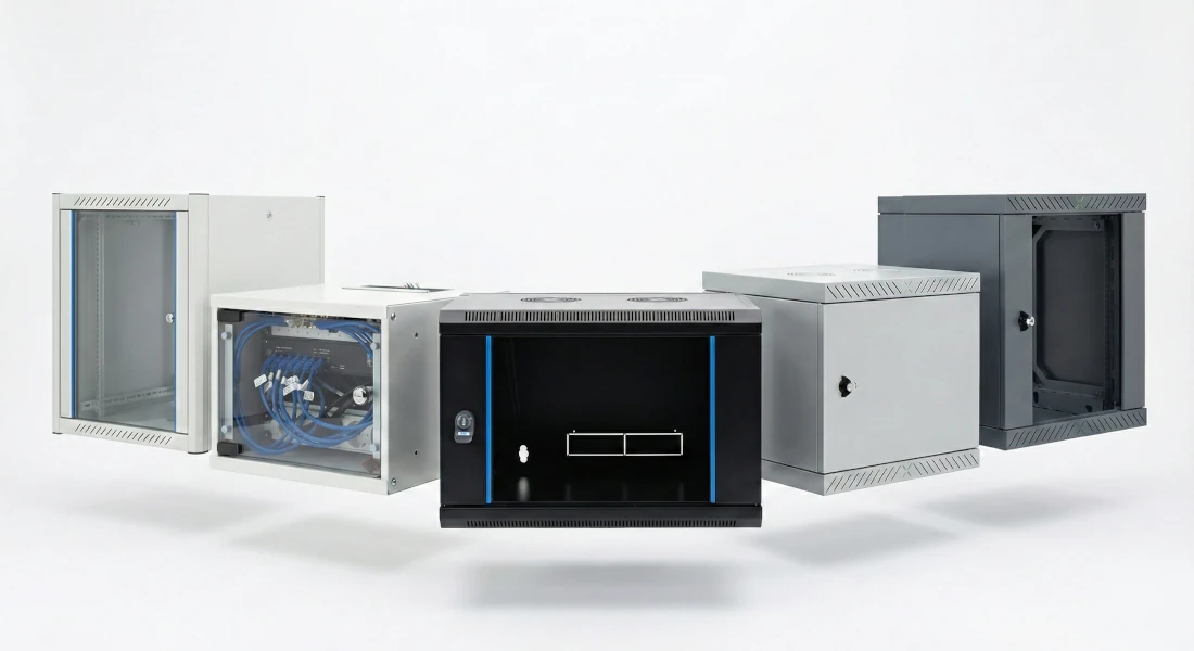 19-tommers vægmonterede kabinetter i forskellige størrelser og udførelser, nogle med glasdør og indbygget netværksudstyr, til struktureret IT-infrastruktur