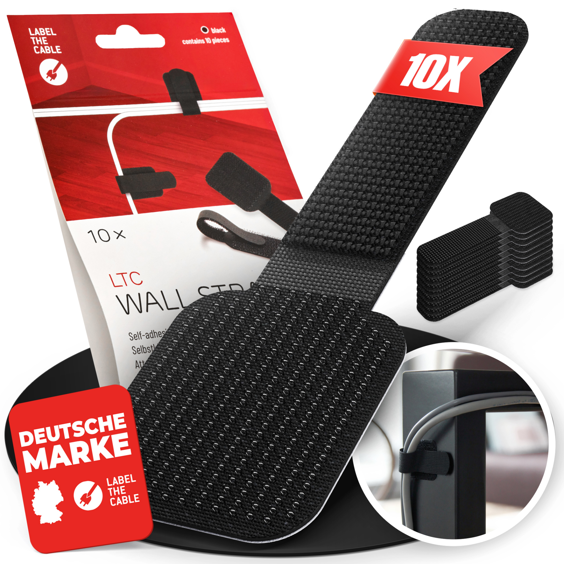 LTC WALL STRAPS, self-adhesive hook and loop cable holders set of 10 pcs black