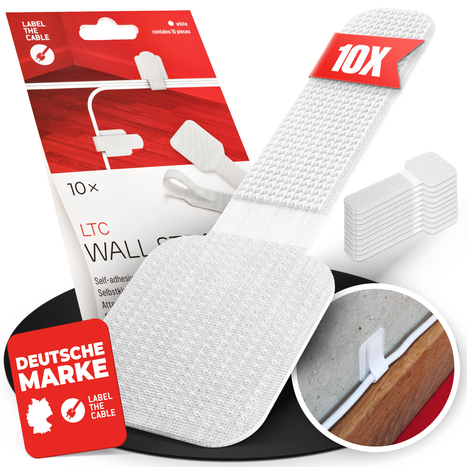 LTC WALL STRAPS, self-adhesive hook and loop cable holders set of 10 pcs white