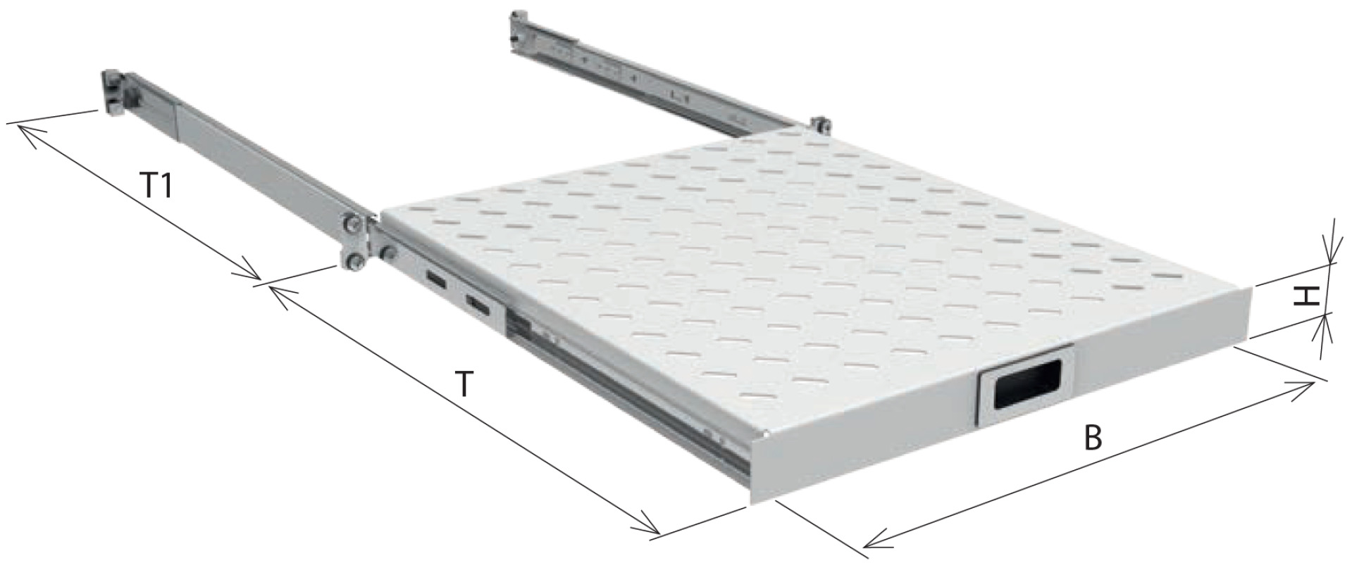 19" 1U Pull-Out Shelf, MD 350..450 mm, Max. Load 30 kg, CD 600, RAL7035