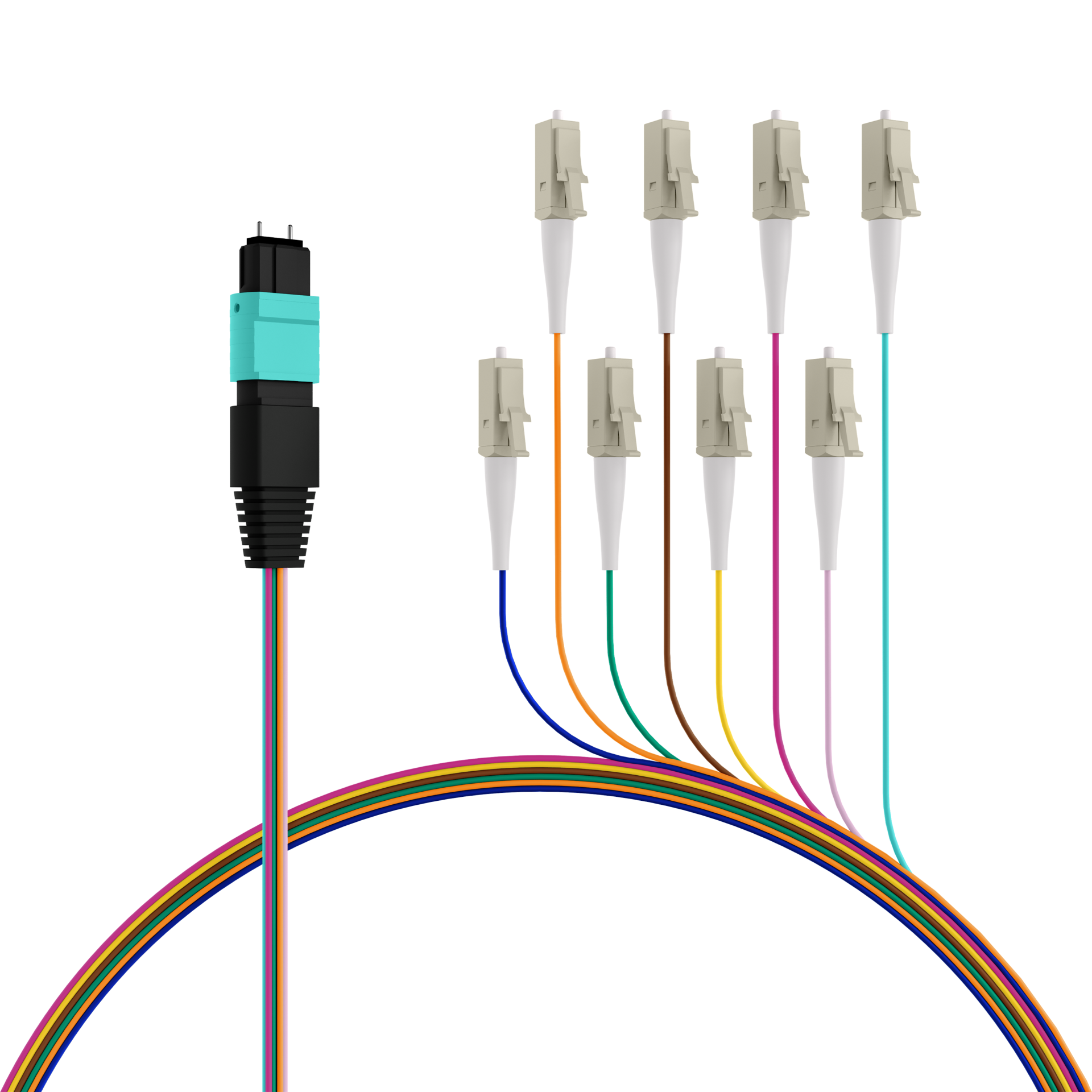 MTP®(M)-LC Fanout cable OM3 8 fibers Typ B LSZH aqua 0,4m
