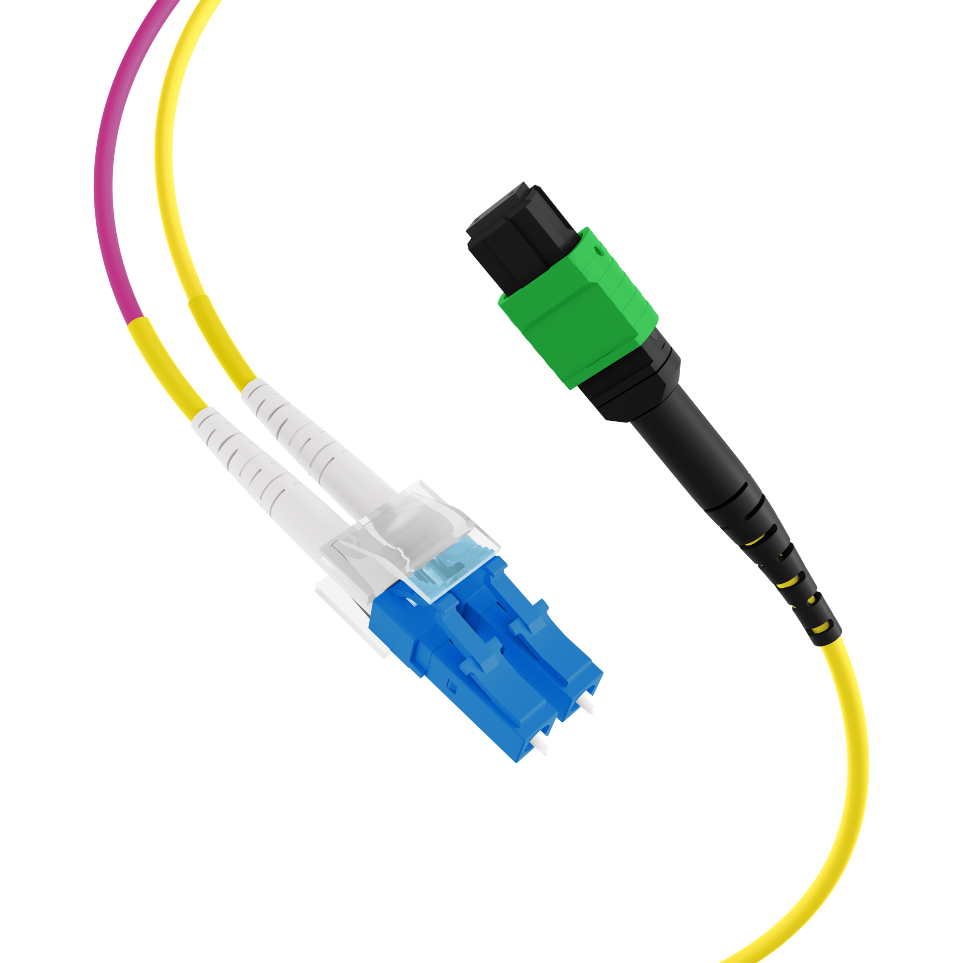 MTP®/APC(F)-LC Trunk cable OS2 12 fibers Typ B LSZH yellow 1m
