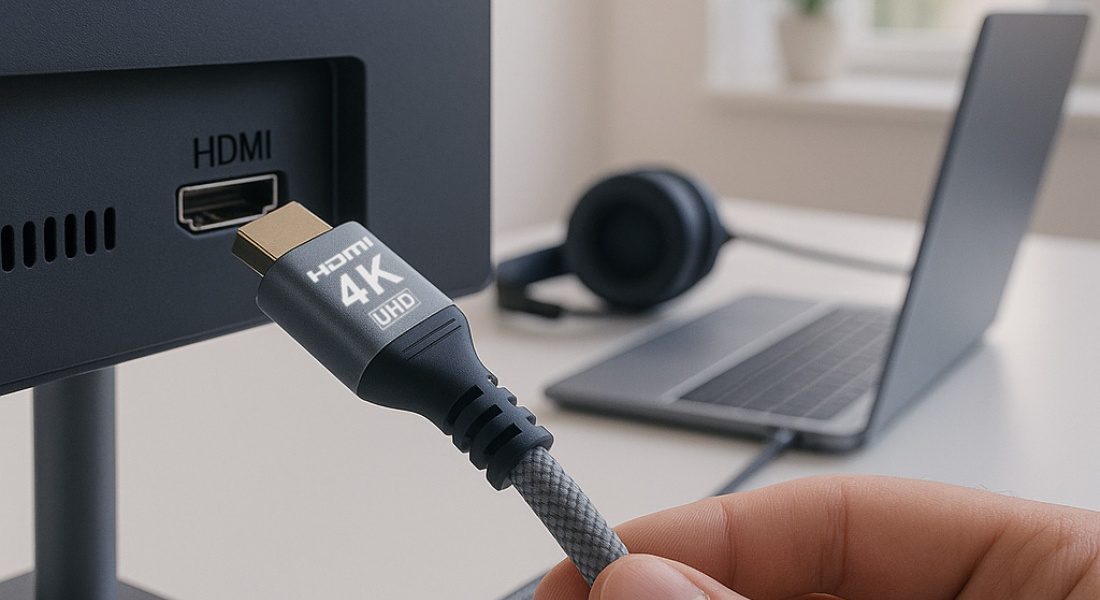 4K HDMI-kabel er forbundet til skærmen på hjemmekontoret - pålidelig forbindelse til produktivt arbejde i UHD-kvalitet