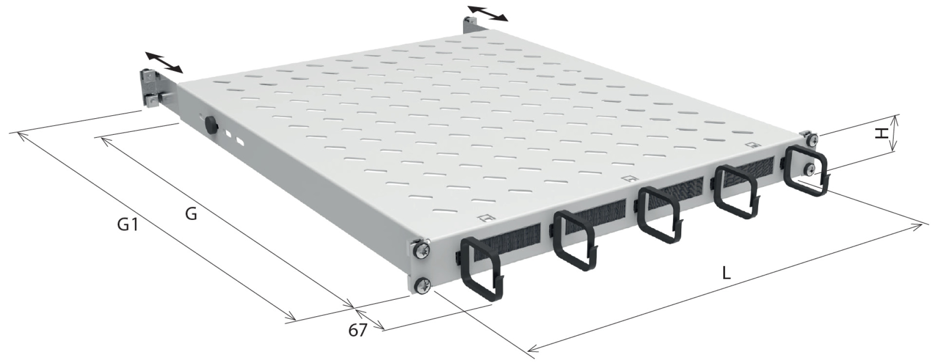 19" 1U Shelf Fixed, with Cable Routing, MD 350..450 mm, 120 kg, CD 600 RAL7035