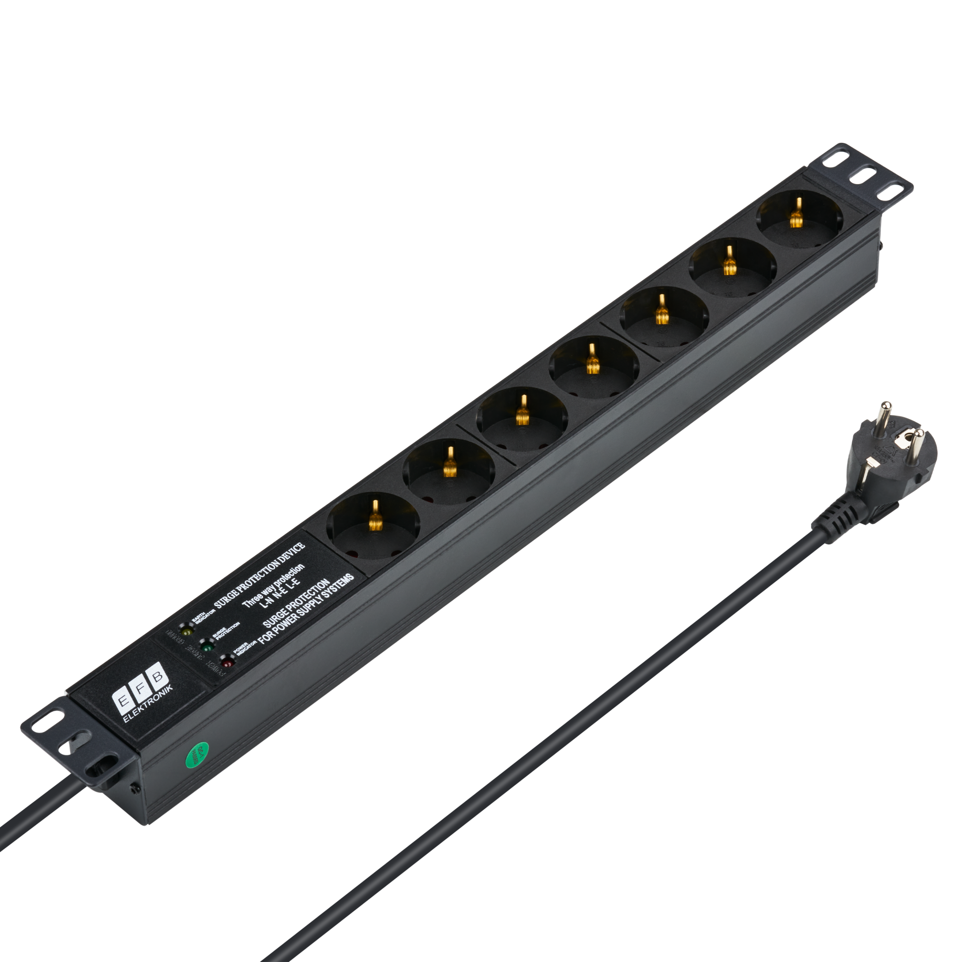 19“ 1U Socket Strip 7 x CEE 7/3 with Surge Protection, in Alu Profile, Black