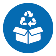 Ikon med genbrugssymbol og pap - symbol for bæredygtig emballage og miljøvenlige forsendelsesløsninger på en blå baggrund