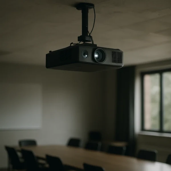 Loftmonteret projektor i konferencelokalet med mødebord og whiteboard – moderne præsentationsteknik til møder