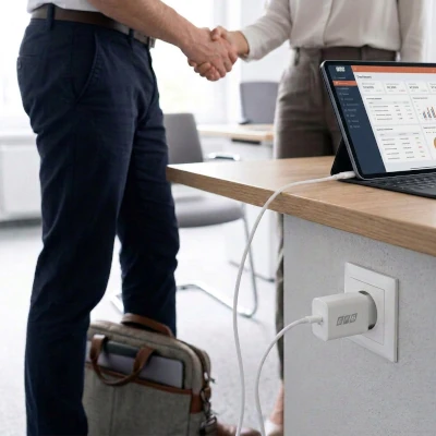 The EFB-Elektronik USB-C charger charges a tablet in the office during a business meeting and supports reliable fast charging for professional use