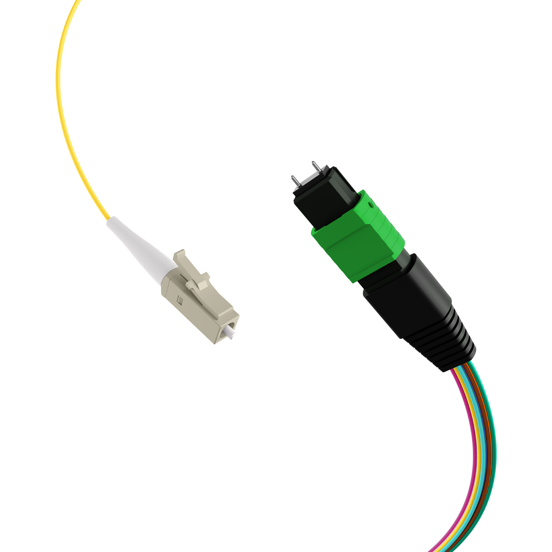 MTP®/APC(M)-LC/APC Fanout cable OS2 12 fibers Typ B LSZH yellow 1m