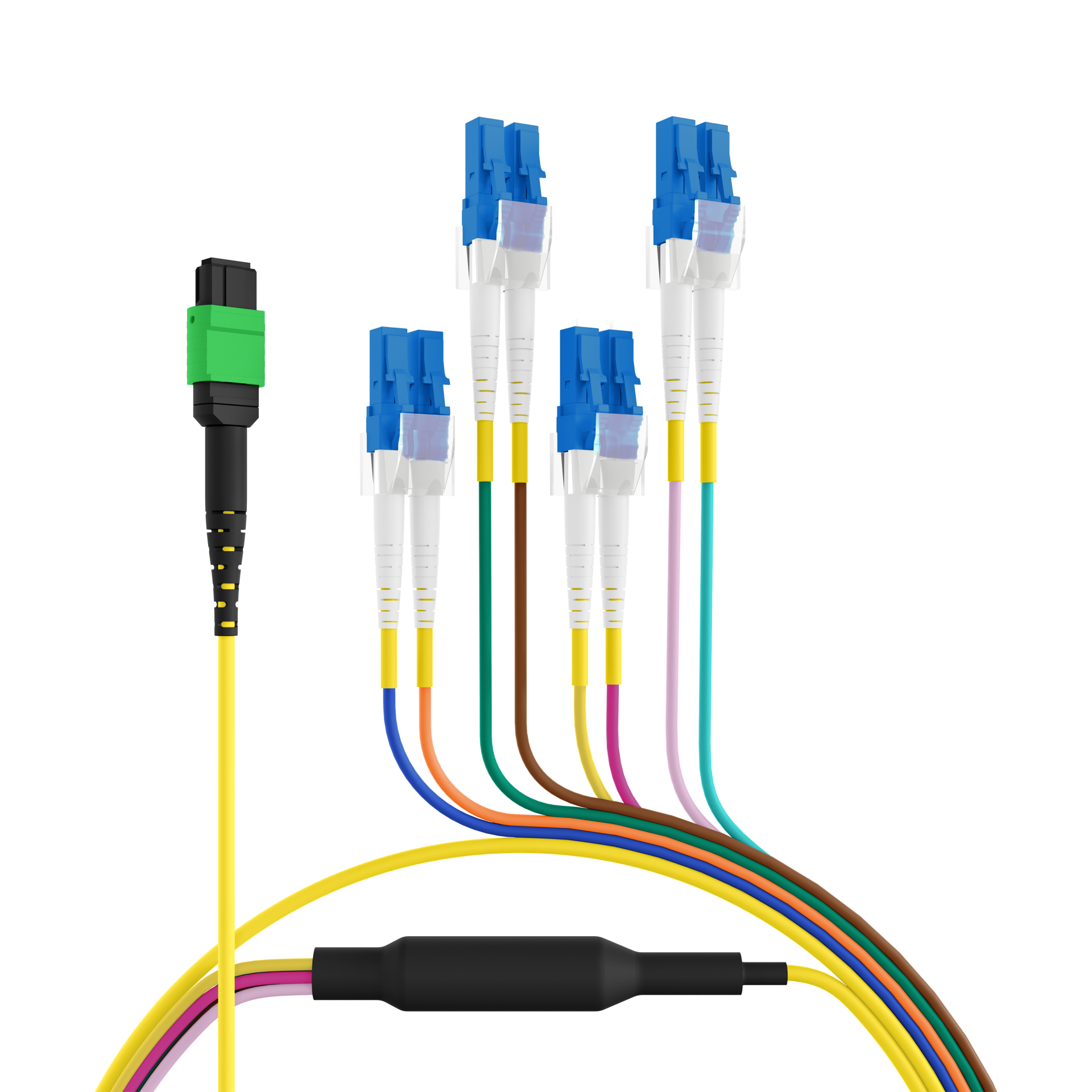 MTP®/APC(F)-LC Trunk cable OS2 8 fibers Typ B LSZH yellow 1m