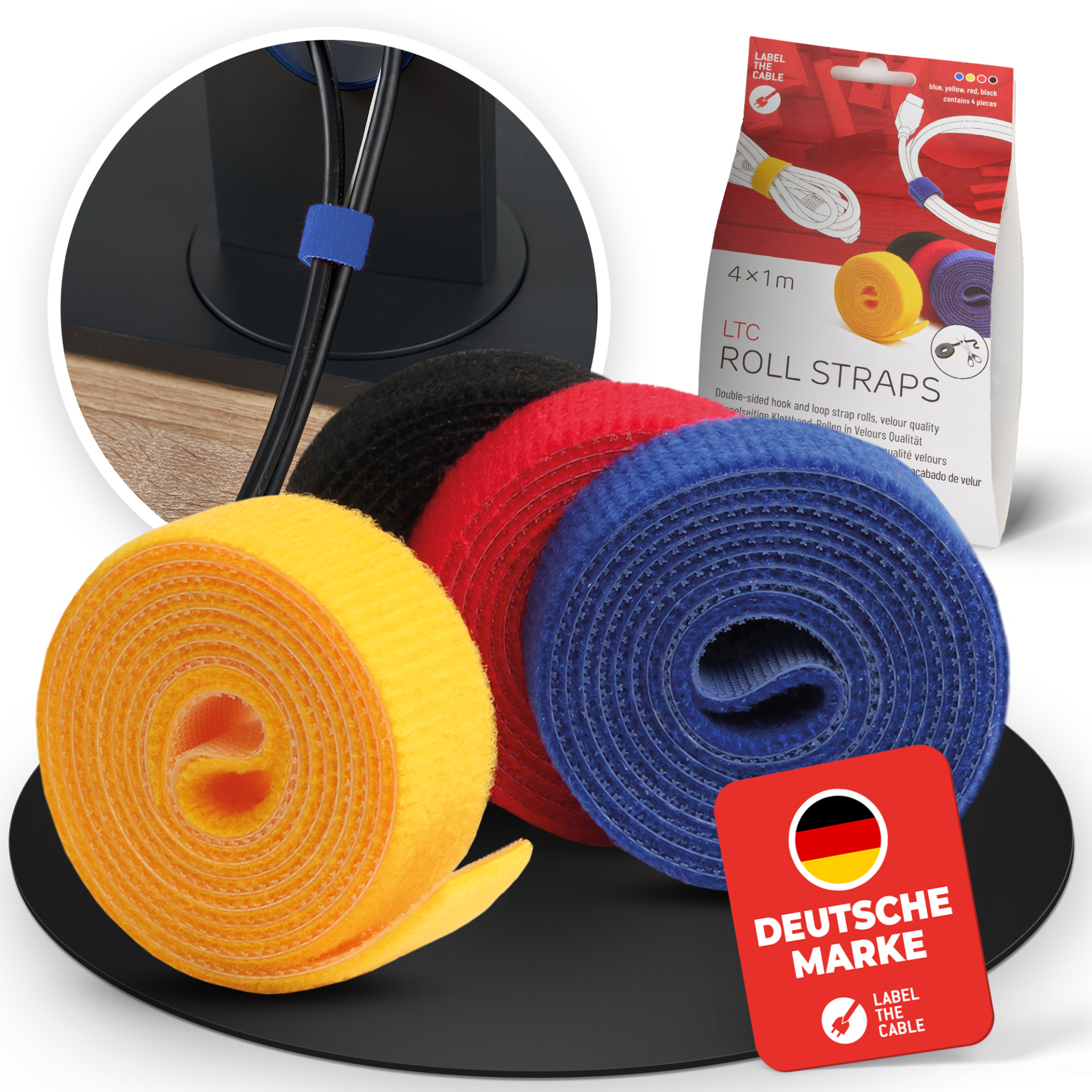 LTC ROLL STRAP, double sided hook and loop roll 4x1m black/yellow/blue/red