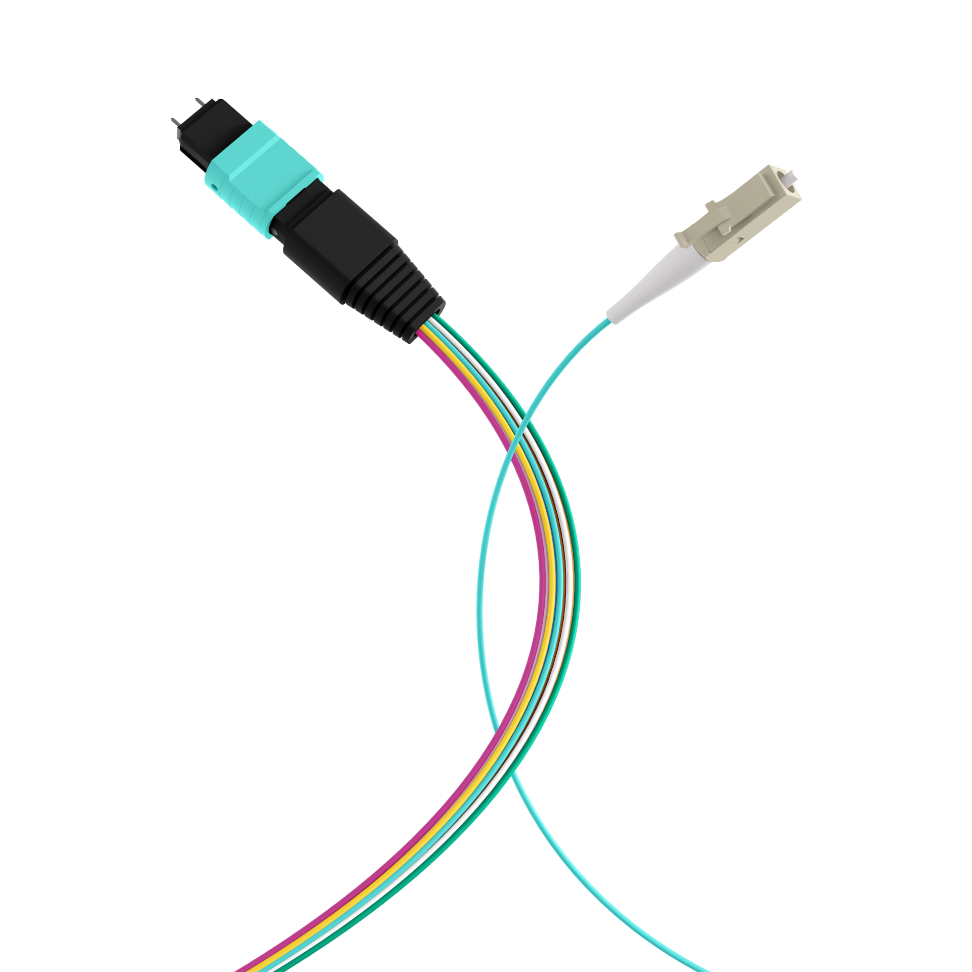MTP®(M)-LC Fanout cable OM3 12 fibers Typ B LSZH aqua 1m