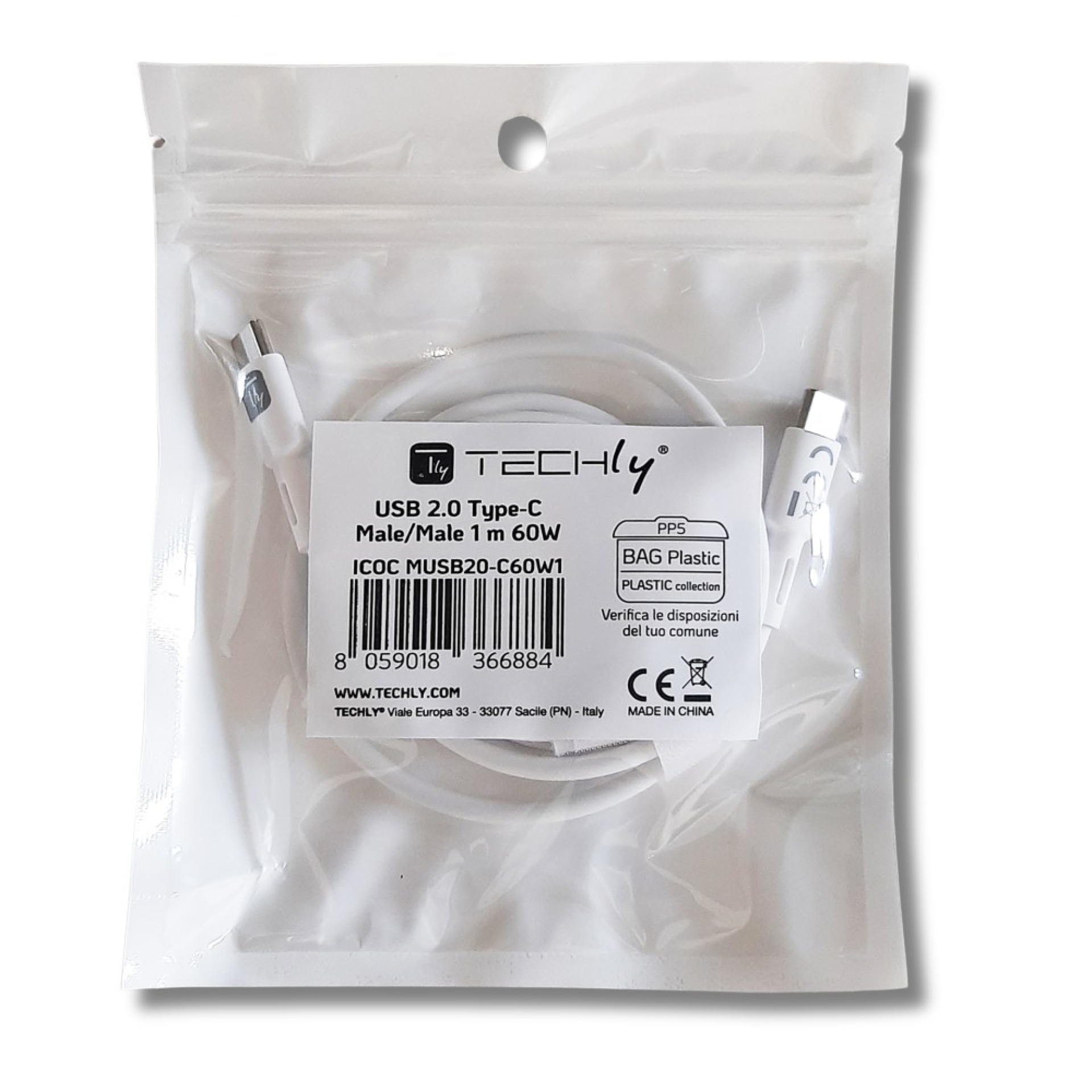 Techly USB-C male 2.0 cable, 1m white