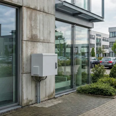 Monteret udendørs vægkappe til netværksudstyr på en bygningsfacade med kabelføring i det udendørs område ved en moderne kontorbygning