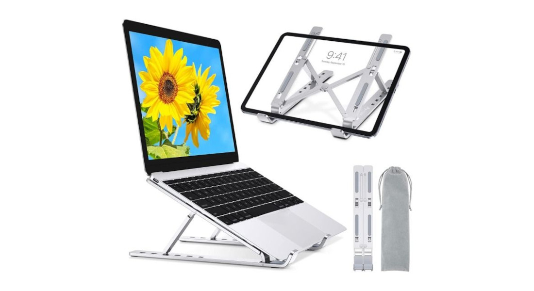 Højdejusterbart laptopstativ i aluminium med transporttaske og foldefunktion