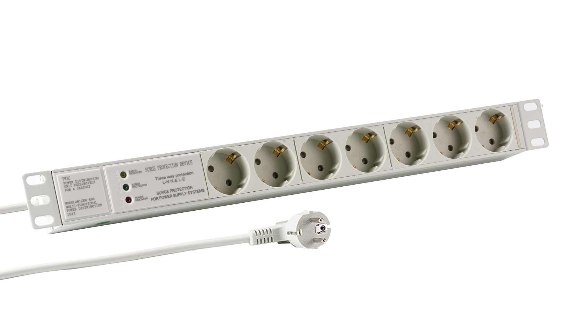 19“ 1U Socket Strip 7 x CEE 7/3 with Surge Protection, in Alu Profile, Black