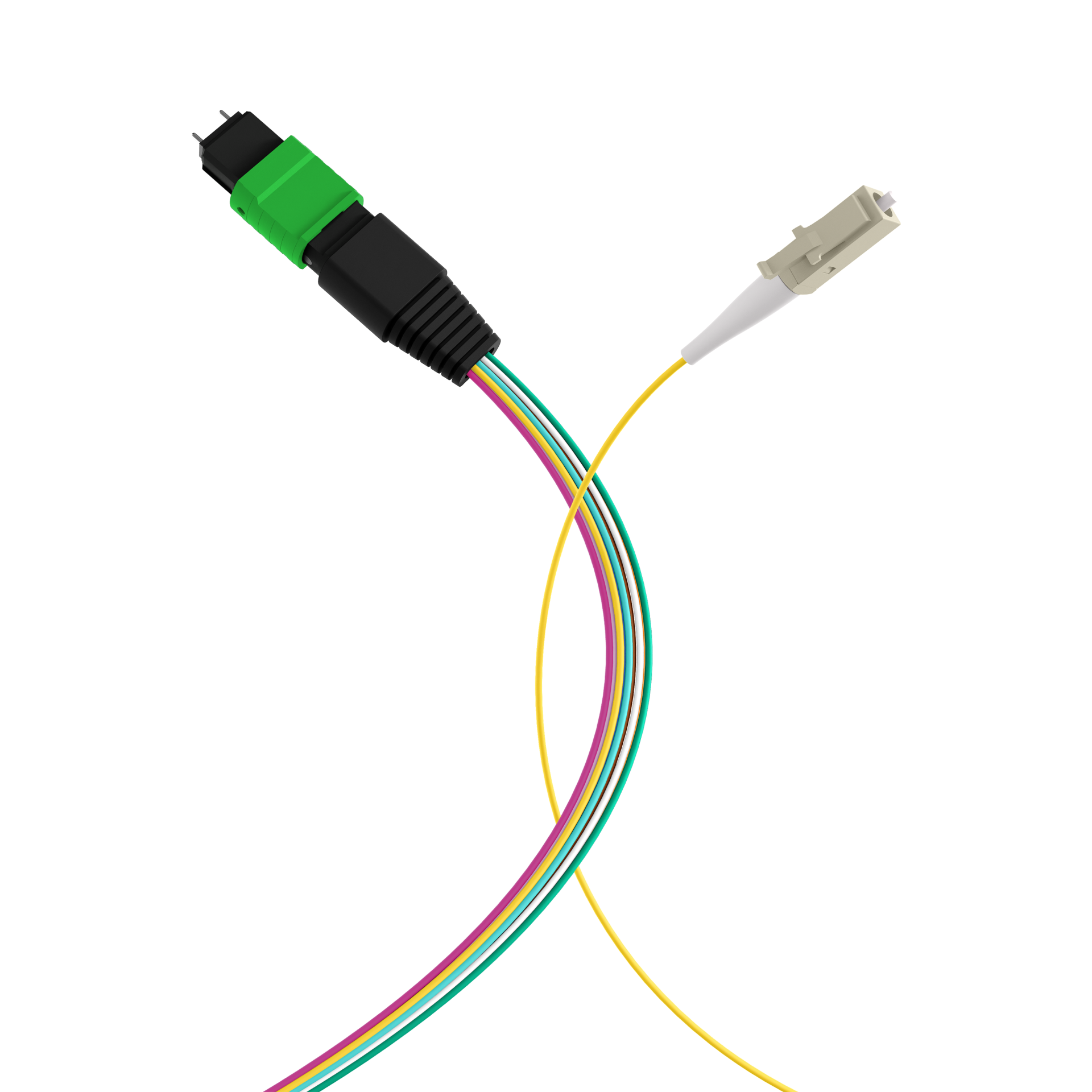 MTP®/APC(M)-LC/APC Fanout cable OS2 12 fibers Typ B LSZH yellow 0,4m