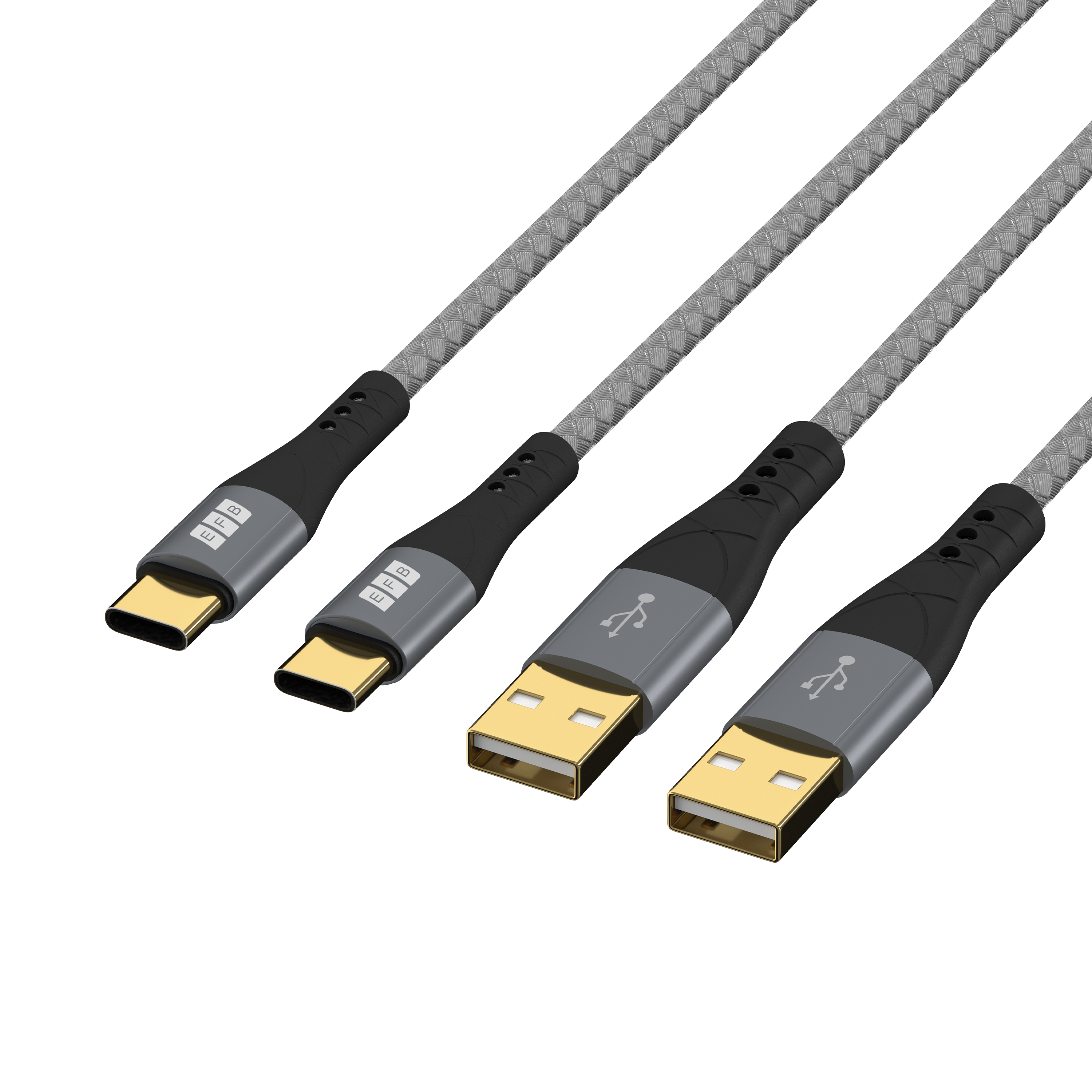 USB-A to USB-C cable set 60W QC 3A 2x1m grey gold contacts textile coat