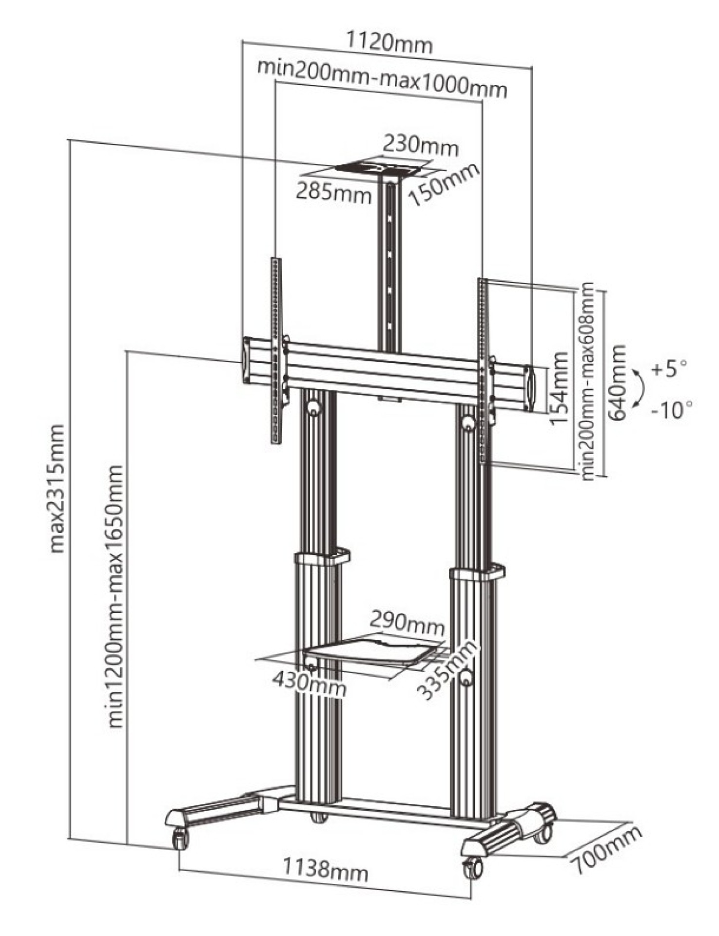 Trolley floor support for LCD LED TV 60-100", with shelf