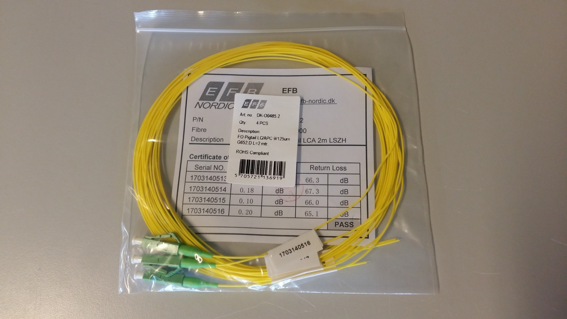 Fiber pigtail LC APC SM 9/125  G657A1 OS2 2mtr