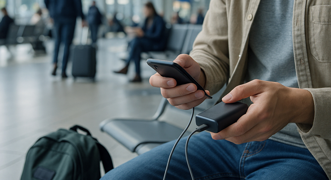 Smartphone oplades på farten i lufthavnen med en powerbank via USB-C-kabel - mobil strømforsyning til rejsende og forretningsrejsende