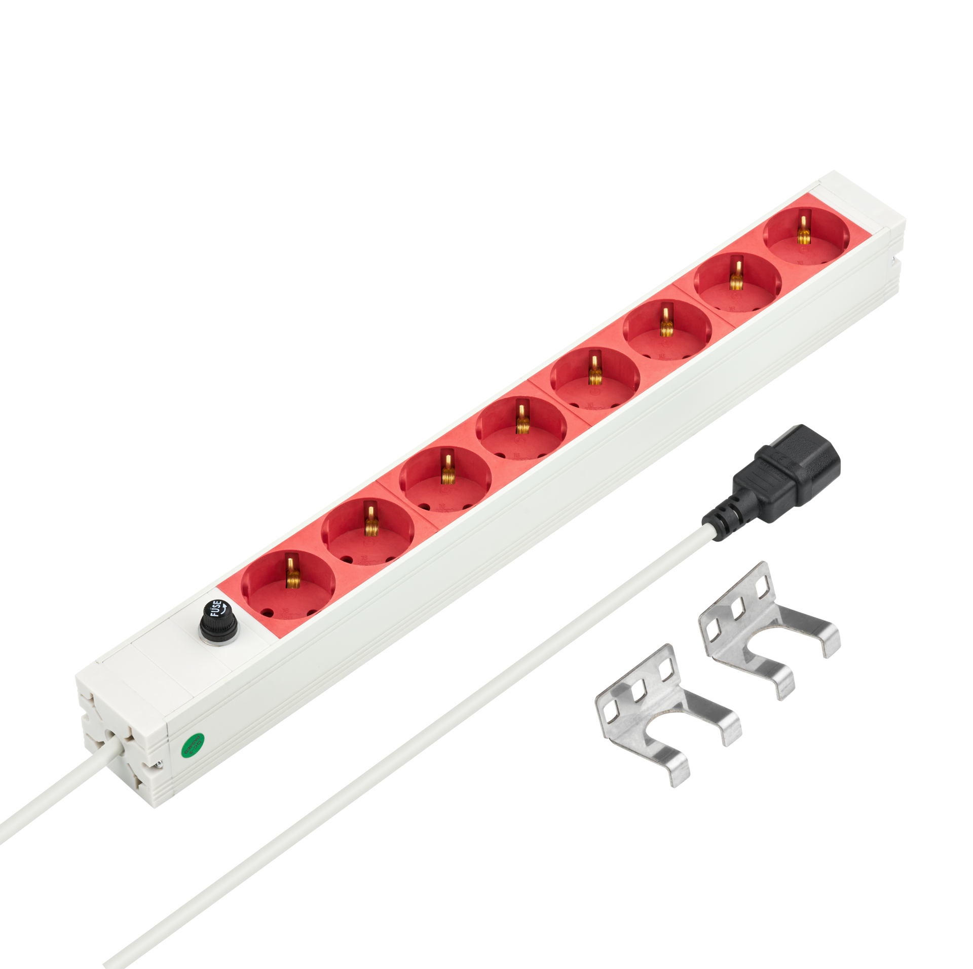 19“ 1U Socket Strip 8 x CEE 7/3 red, cable C14, 10A fine fuse, grey