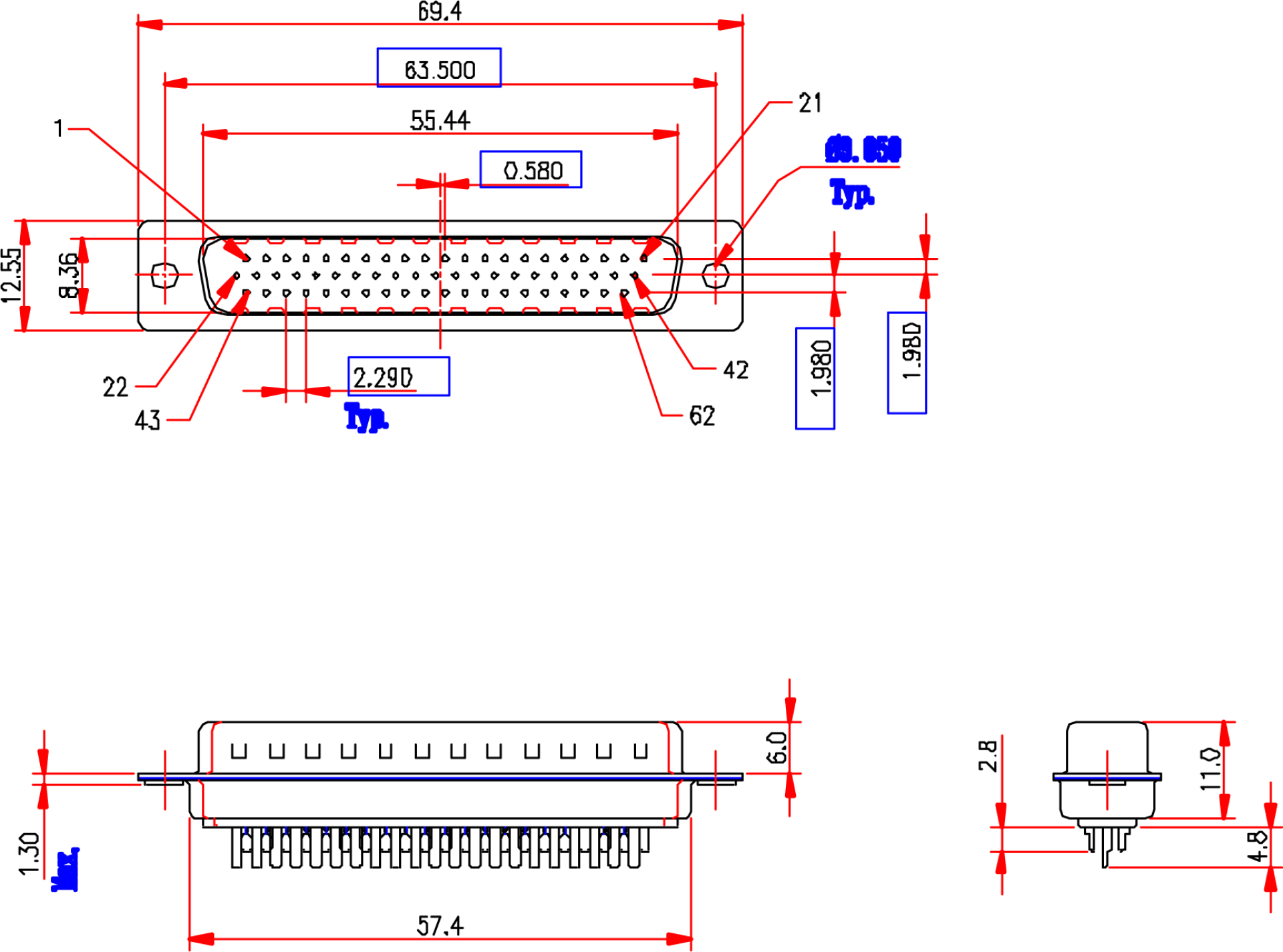 HD-DSub Solder Plug E-HDS 62 LL/Z