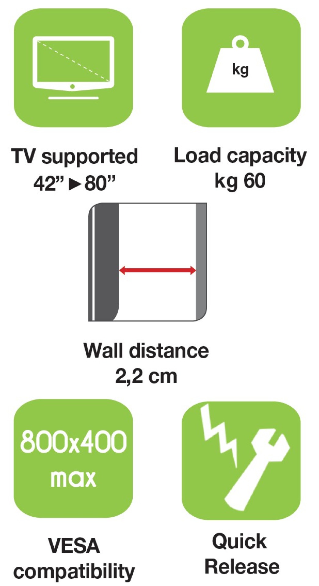 Wall support for LCD TV LED 42" - 80" slim fixed H400mm