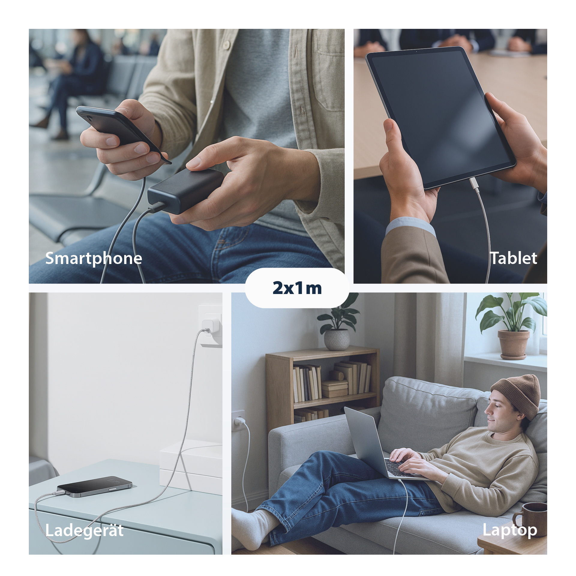 USB-C cable set 100W PD 3.0 5A E-Marker Chip 2x1m grey gold contacts textilecoat