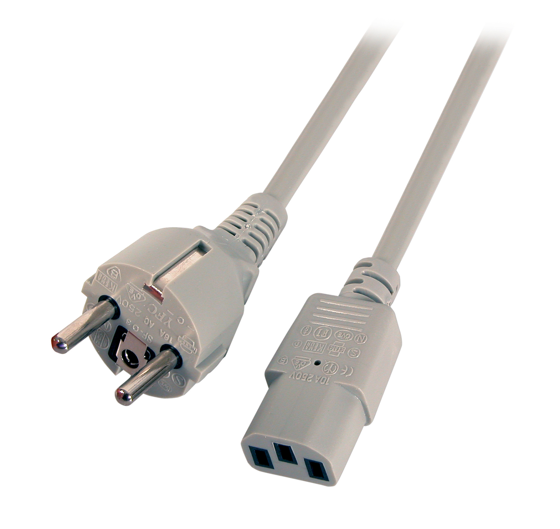 Power Cable CEE7/7 180° - C13 180°, Grey, 2.0 m, 3 x 0.75 mm²