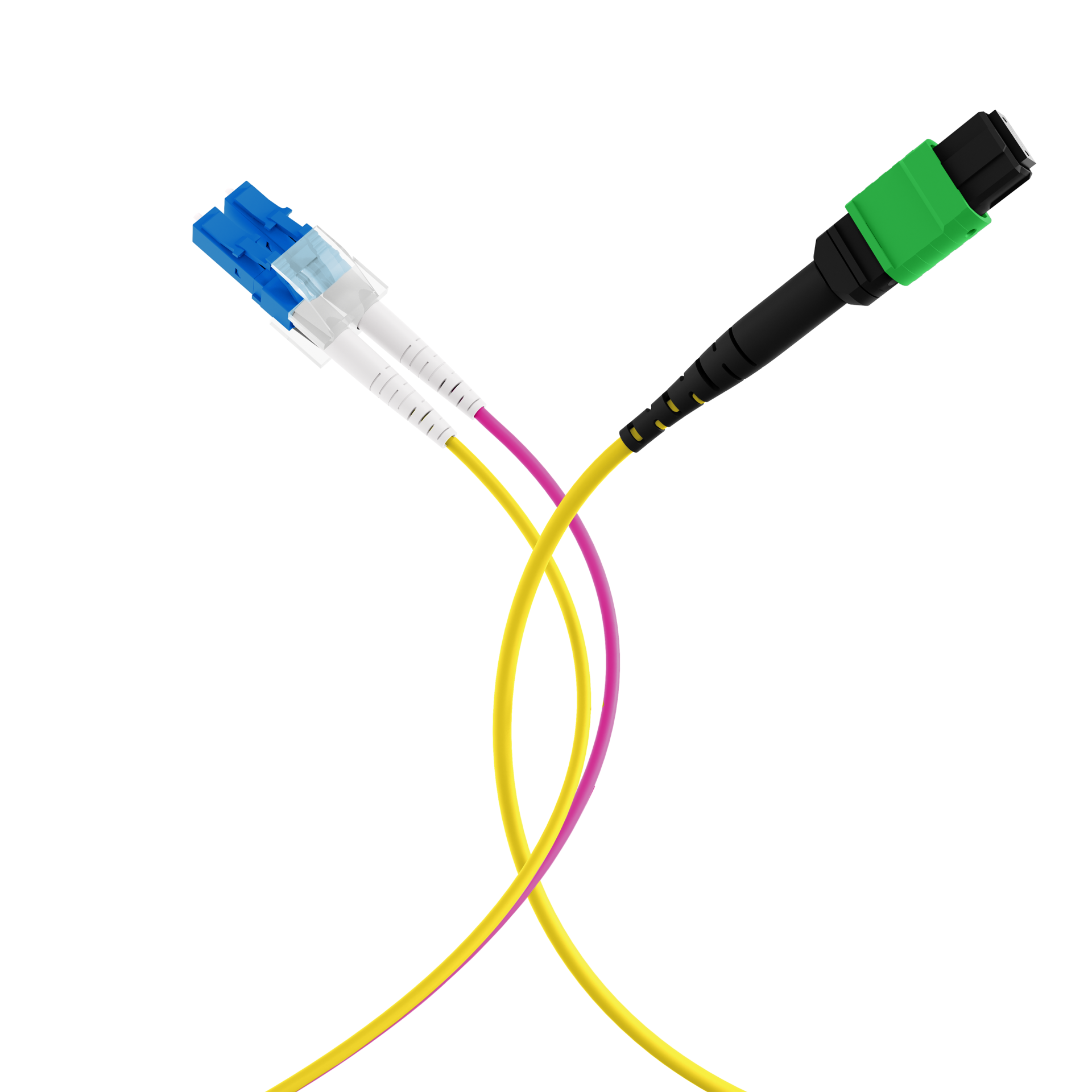 MTP®/APC(F)-LC Trunk cable OS2 12 fibers Typ B LSZH yellow 1m