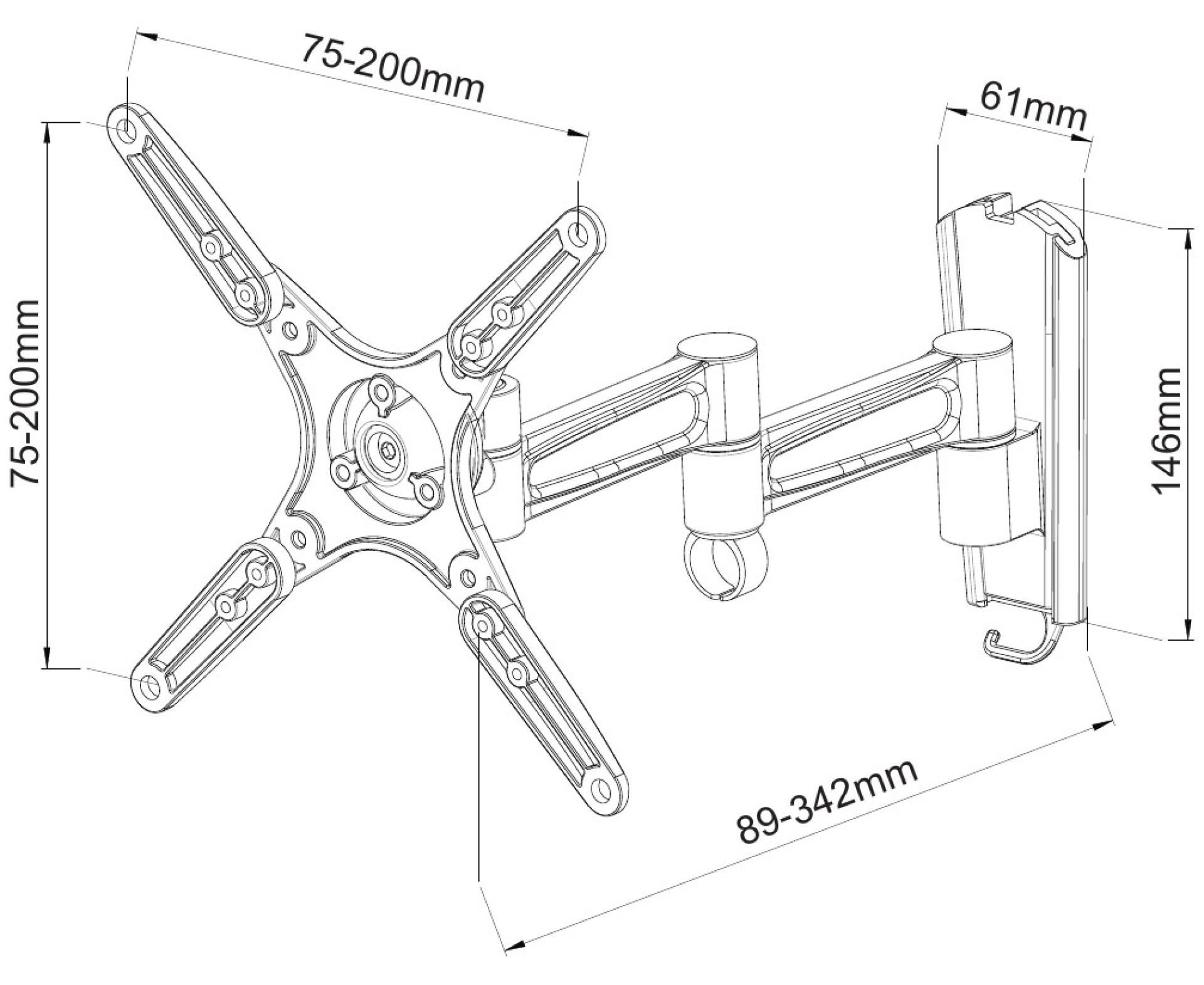 Wall bracket for LCD TV LED 13" - 37" tilting 3 joints black