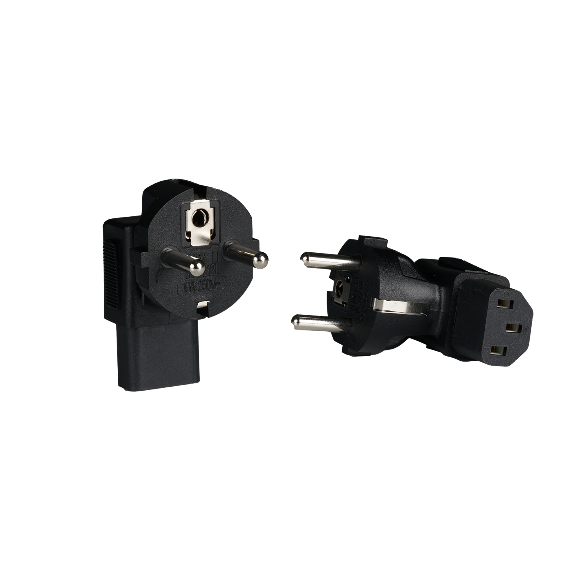 Mains adapter CEE7/7 to IEC C13 90°, earthing contact plug - IEC socket