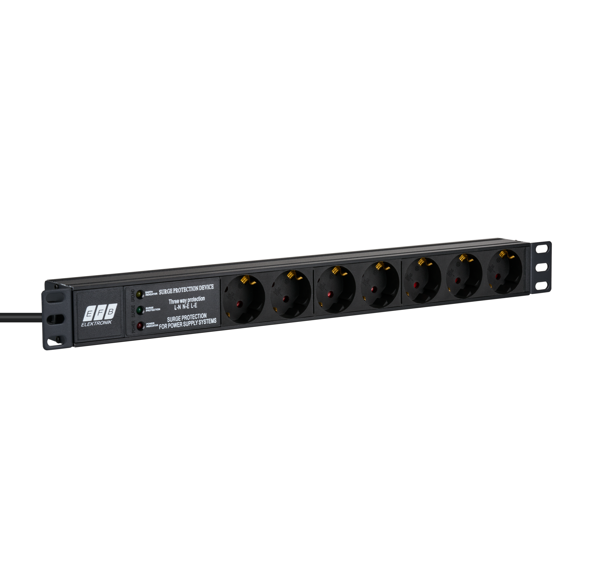 19“ 1U Socket Strip 7 x CEE 7/3 with Surge Protection, in Alu Profile, Black
